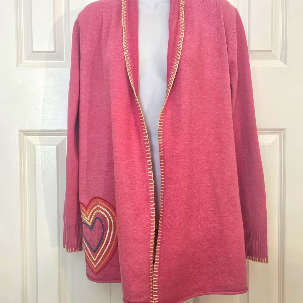 COPY - Kerri Rosenthal Rainbow Heart Pink Cardigan Open Front Sweater